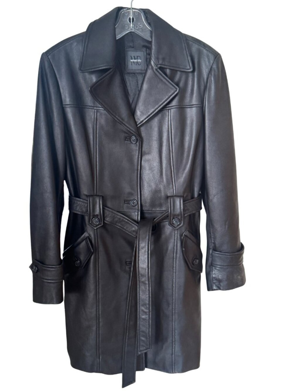 Unisex Large Black Whet Blu NYC Genuine Leather Trench Coat Fully Lined Belt